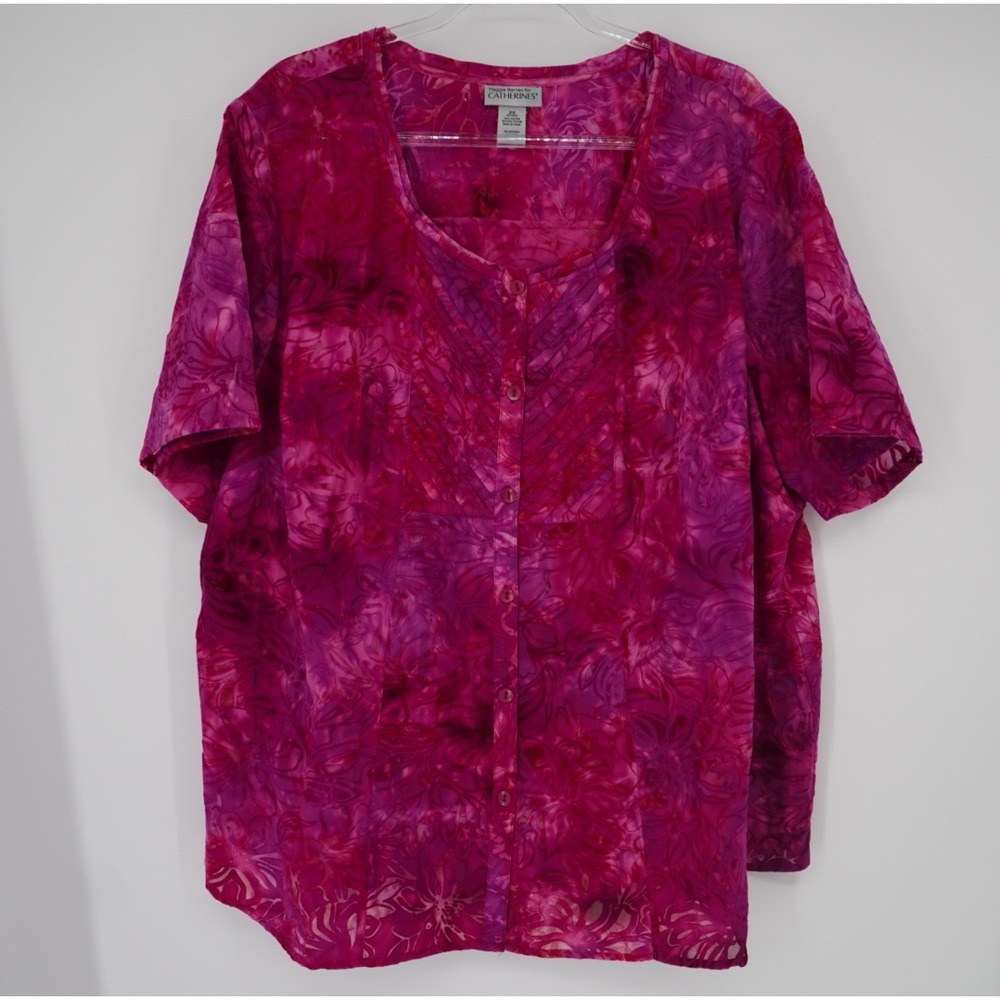 Catherines Maggie Barnes Womens 2X Pink Purple Floral Batik Button Front Blouse